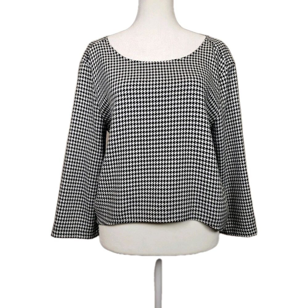 Zara Houndstooth Crop Top Womens Large Boat Neck 3/4 Sleeve Slouchy